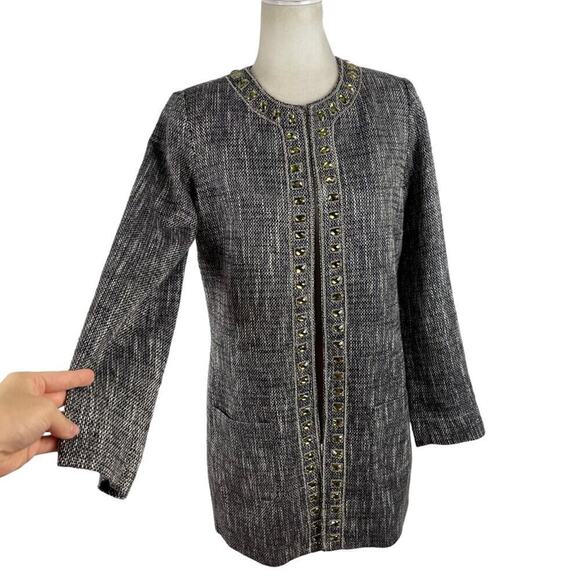 Chico's Embellished Gem Duster Jacket Tweed Dressy Long Cardigan Size Small - Picture 6 of 13